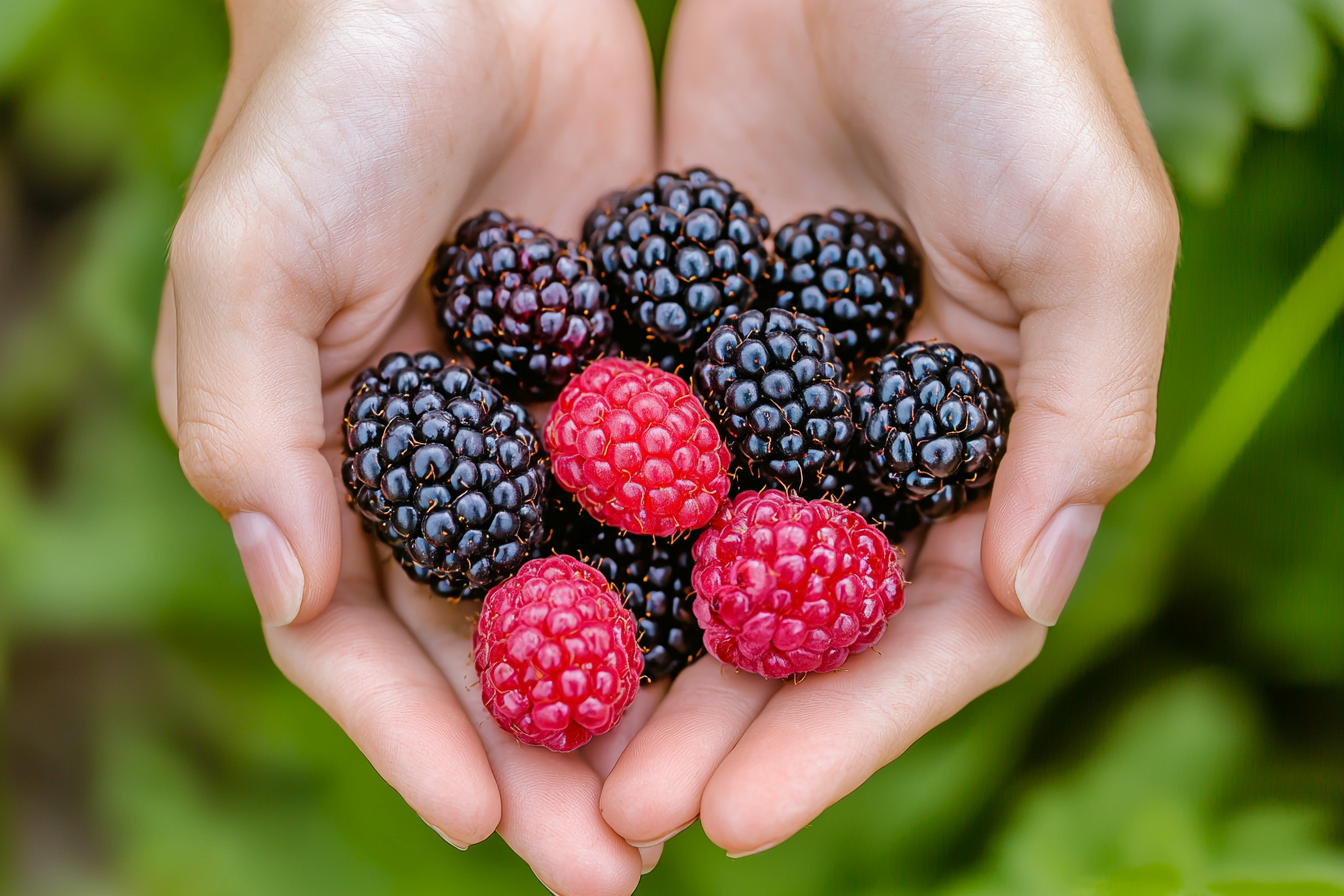 Owoce leśne - jeżyny i maliny, które lubi wątroba - na kobiecych dłoniach.